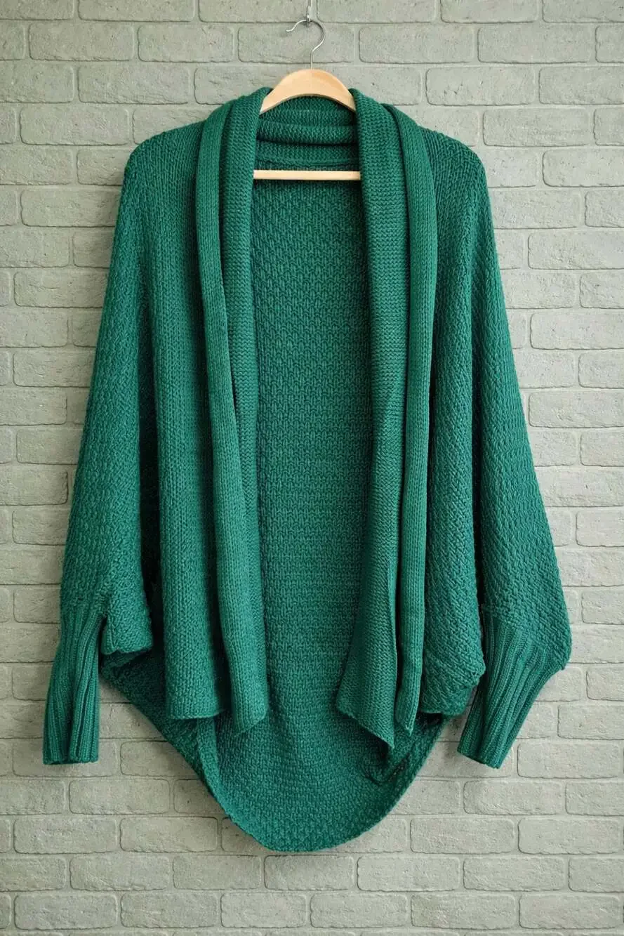 Open Front Green Batwing Sleeve Chunky Knit Cardigan One Size